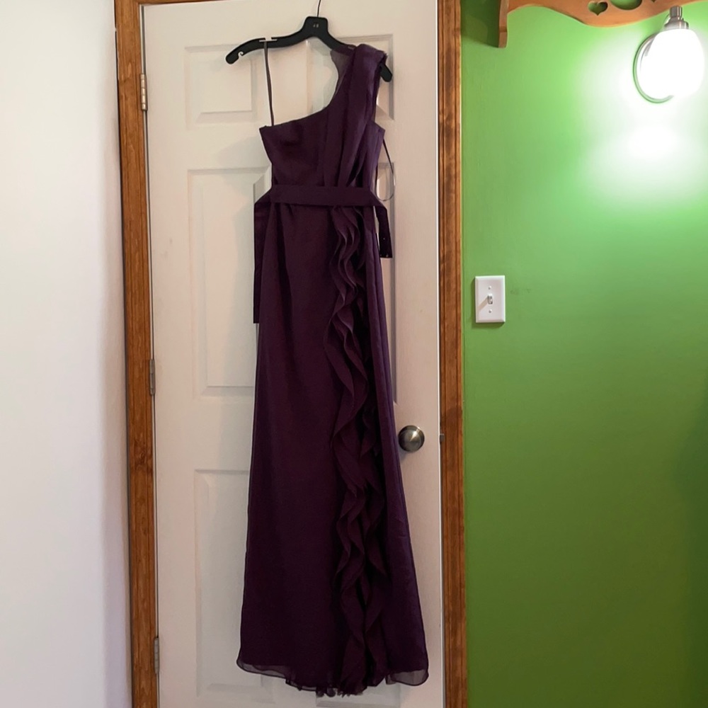 David’s Bridal Plum Vera Wang One Shoulder Ruffle